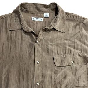 VTG Lanvin Paris Men L Taupe 100% Silk Slub Weave Tonal Stripe Long Sleeve Shirt